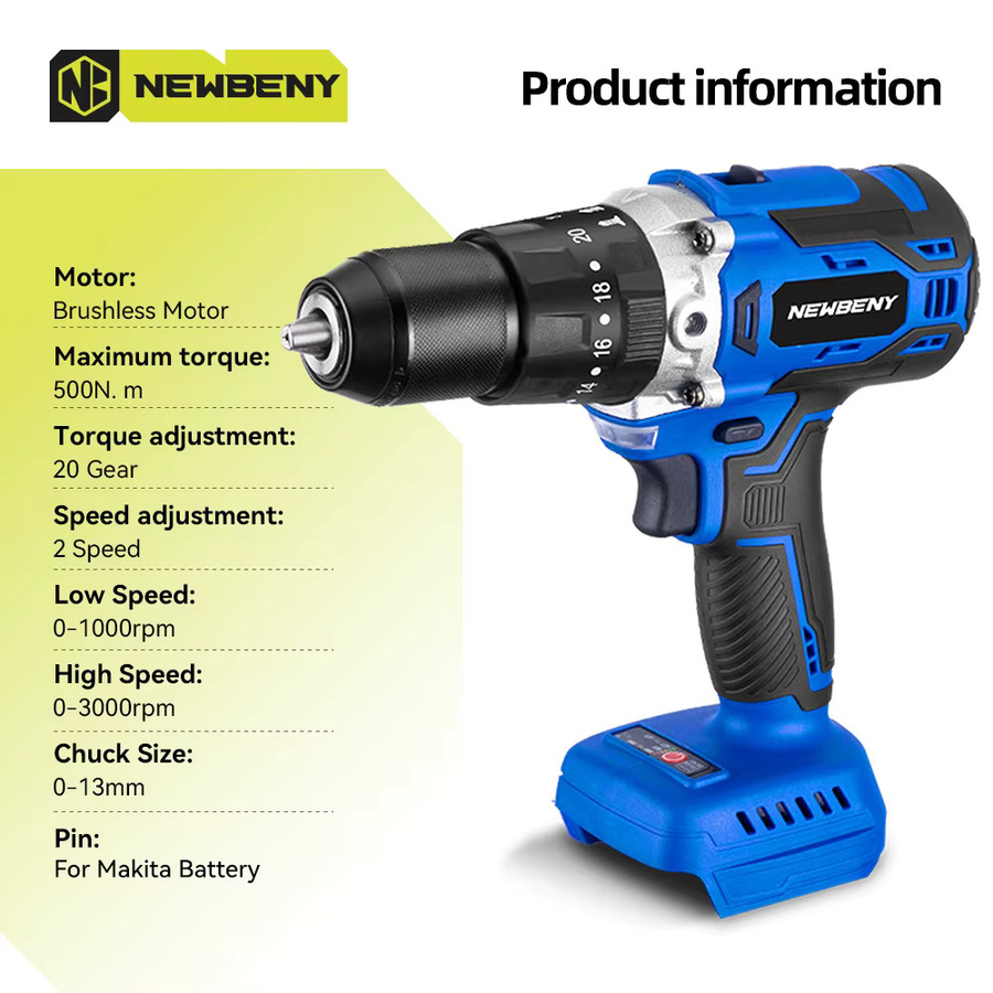 NEWBENY Bürstenloser Akku-Bohrschrauber in Blau, 13 mm, kompatibel mit Makita LXT Akkus, multifunktionaler kabelloser elektrischer Schraubendreher mit 20+3 Stufen - Bild 2