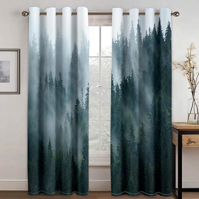 Zweiteiliges Vorhangset mit Wald- und Dschungelbaum-Motiv, Naturlandschaft mit Wasserfall, halbtransparent, mehrfarbig, B: 60 cm x H: 60 cm pro Stück - Bild 1