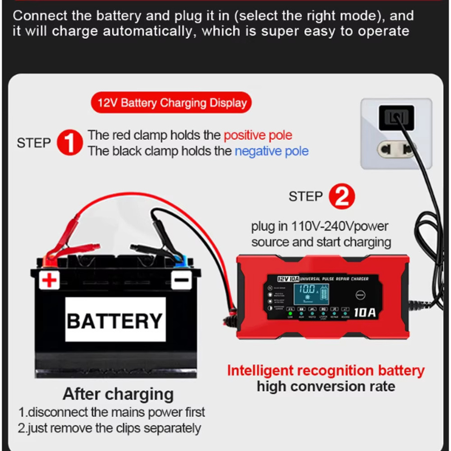 WAPUNO Smart Batterie Ladegerät 12V 10A in Rot für LiFePO4, Blei-Säure, AGM und GEL Batterien mit Reparaturfunktion - Bild 5