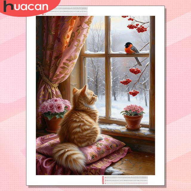 HUACAN Diamantmalerei Motiv Katze und Vogel als Mosaik-Set mit Rundbohrern in Multicolour für den Tischaufsteller B/T/H: 30,0 x 20,0 x 20,0 cm - Bild 1