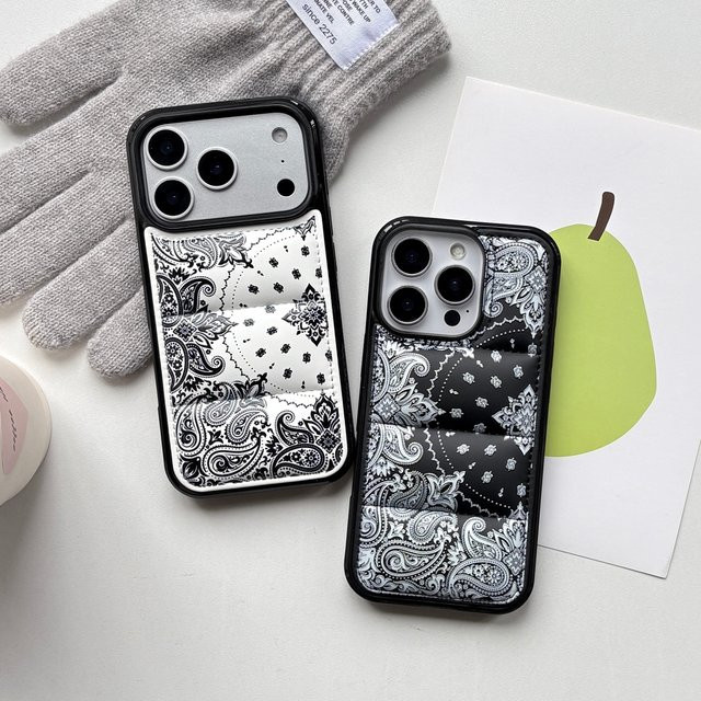 iPhone Puffer-Telefonhülle im Retro-Schwarz-Weiß-Paisley-Design für iPhone 17 16 15 14 12 11 Pro Max Plus Air - Bild 1