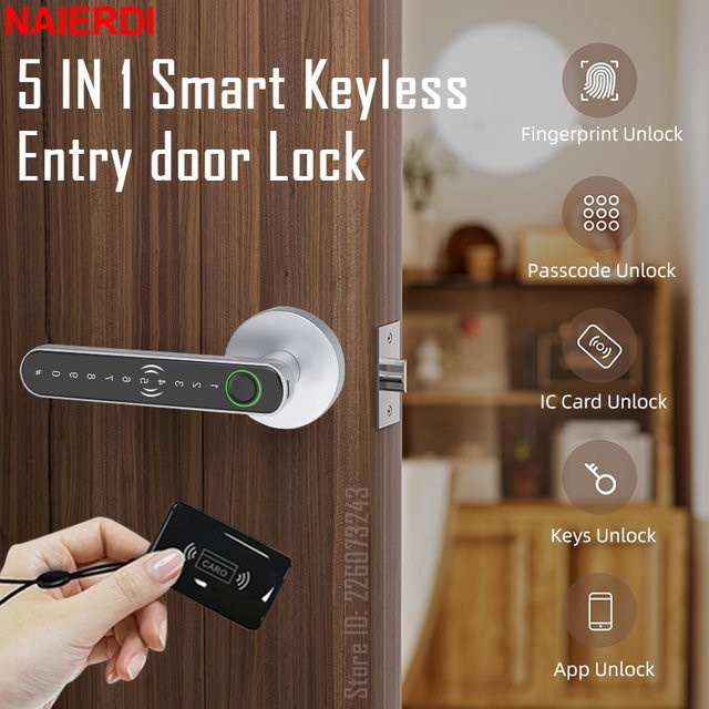 NAIERDI Intelligentes Fingerabdruck-Türschloss mit Griff und Bluetooth via Tuya App, digitales Passwort-Schloss für deine Eingangstür - Bild 1