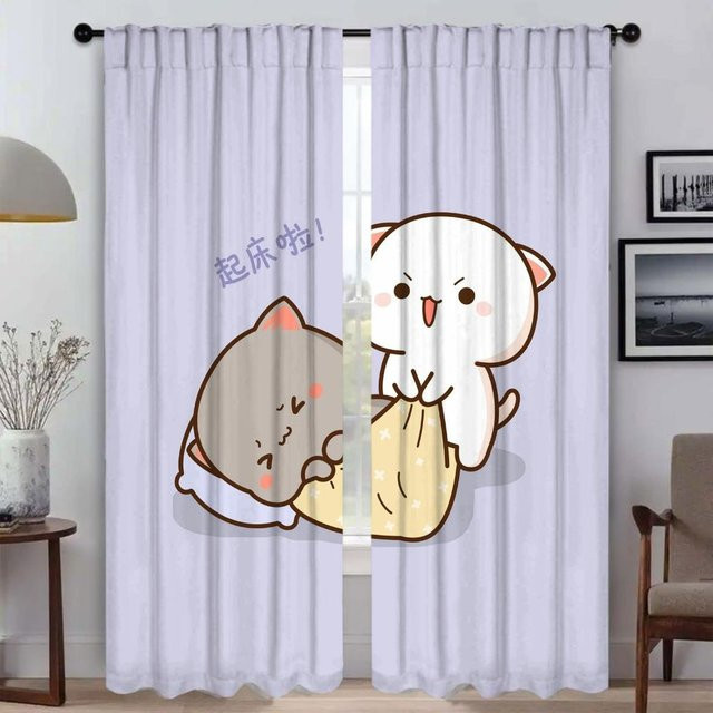 2er-Set Küchenvorhänge mit Pfirsich Mochi Katze Motiv, halbtransparente Tüll-Vorhänge für Schlafzimmer und Wohnraum, Farbe: Lila, Breite: 50 cm, Höhe: 70 cm - Bild 1