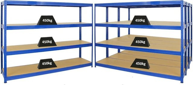 PROREGAL Dino Schwerlastregal Set 4er Pack Blau, H x B x T: 180 x 240 x 60 cm, Fachlast 450 kg, mit verstellbaren MDF-Holzböden - Bild 1