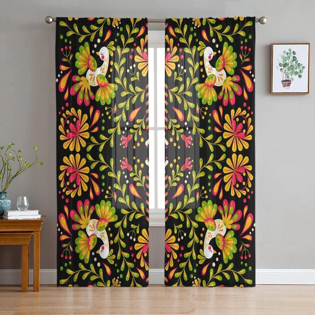 A Family Of Home Textiles Chiffon-Vorhang mit mexikanischem geometrischem Blumen- und Vogelmuster in Gelb, B: 135 cm, H: 114 cm - Bild 1