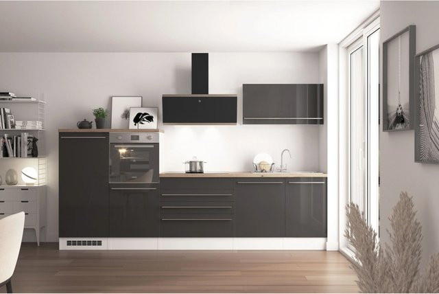 Respekta Küchen-Doppelblock Gabriel in Grau Hochglanz Wildeiche Nachbildung mit Soft-Close-Türen und Schubladen, Breite: 320 cm, Höhe: 145 cm, Tiefe: 54,5 cm - Bild 1