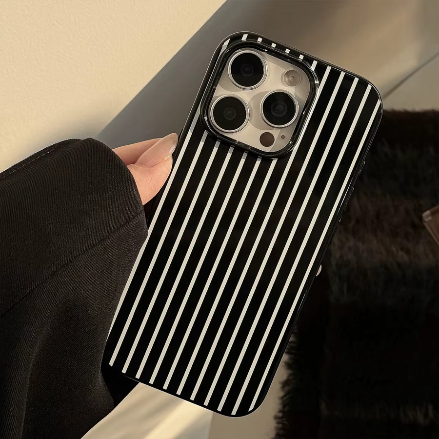 INS Handyhülle mit schwarz-weißem vertikalem Streifenmuster für iPhone 11 bis iPhone 16 Pro Max Plus, glänzend und stoßfest - Bild 3