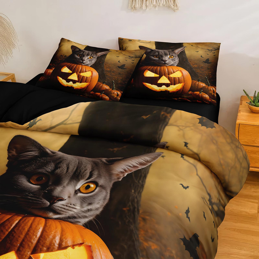 3-teiliges Halloween Bettwäsche-Set mit Katze und Kürbis Motiv, Bettbezug und Kopfkissenbezüge in Schwarz, EU Single, B/H: 135 x 200 cm - Bild 4