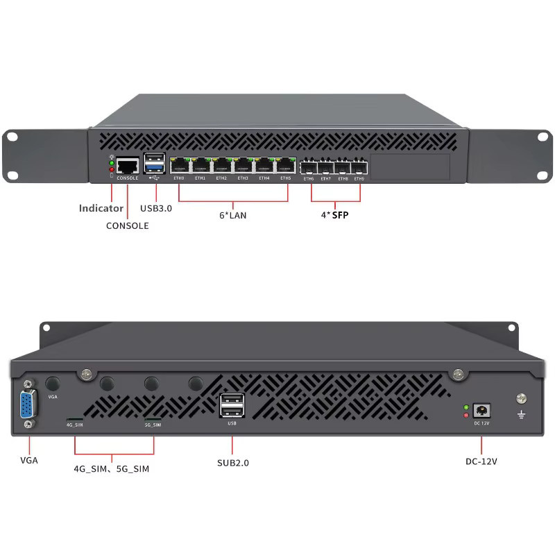 Topton 1U Rack Mounted Firewall Mini PC mit Atom C3758 C3808 C3958, 4x 10G SFP, 6x 1G LAN, DDR4 und NVMe Support, Schwarz - Bild 3