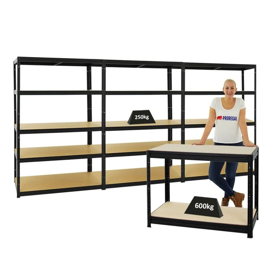 PROREGAL Set aus 3x Schwerlastregal Big Elephant M und 1x höhenverstellbarer Werkbank Slim Dino, Schwarz, H x B x T: 180 x 120 x 60 cm und H x B x T: 90 x 120 x 60 cm - Bild 2