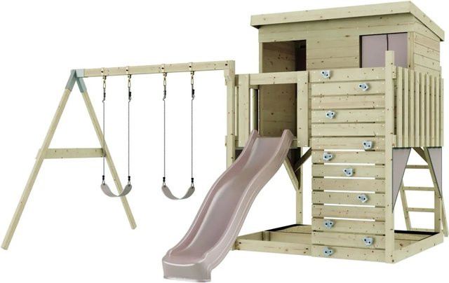 PolarPlay Spielturm Nils aus Holz mit Kinderschaukel in Altrosa und Multicolour - Bild 1
