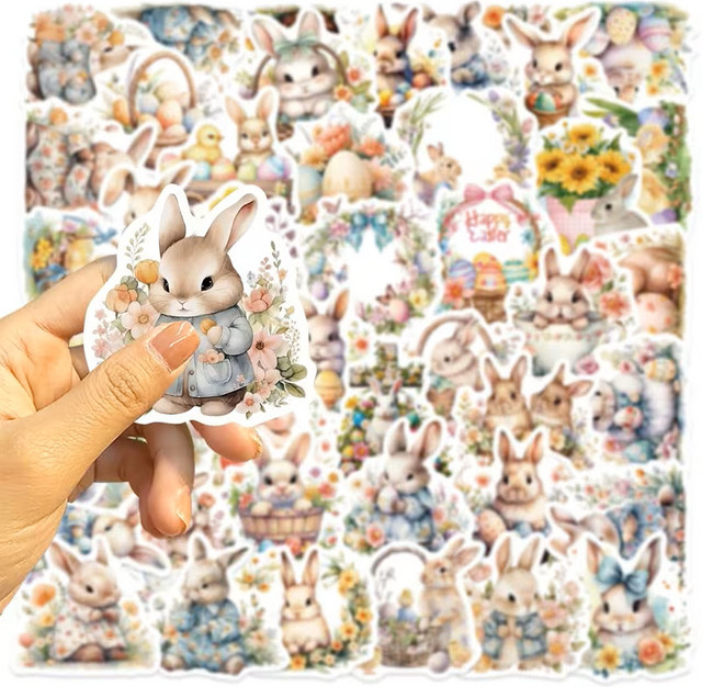 50 Stück Osterhasen- und Osterei-Aufkleber in Multicolor mit niedlichen Hasen- und Blumenmustern - Bild 1