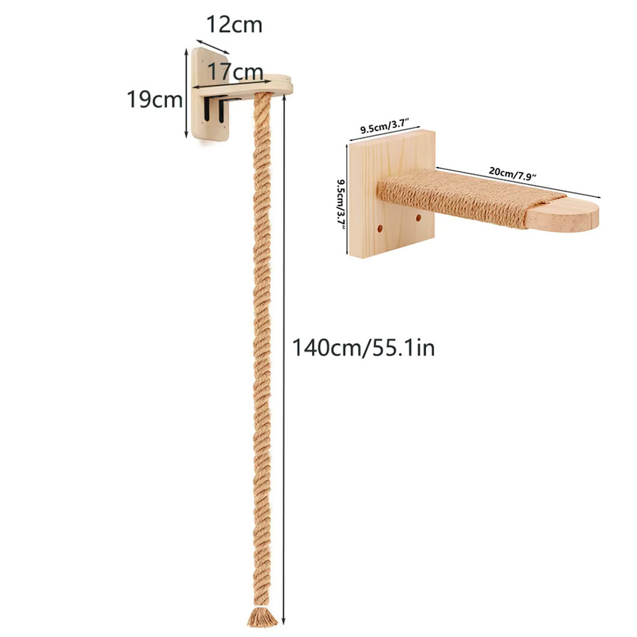 2-teiliges Katzen-Kletterseil- und Regal-Set aus Holz in Beige zur Wandmontage als interaktives Klettergymnastik-Set für deine Katze - Bild 2