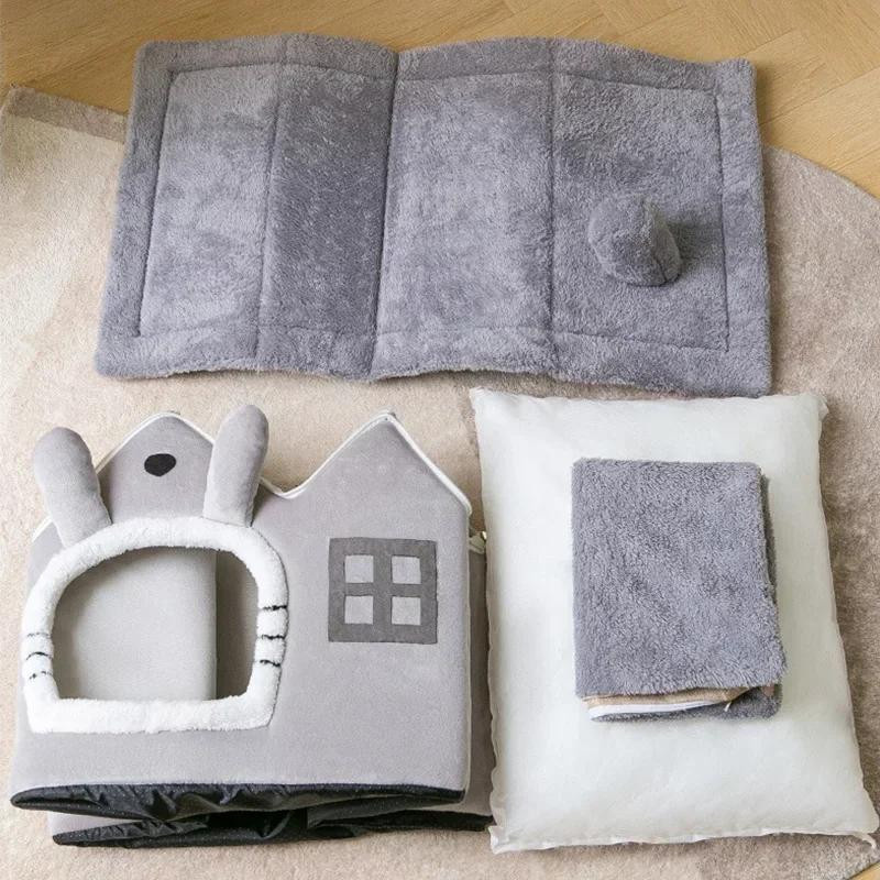 Faltbare Hundehütte von Yiran Furniture als warmes Haustierbett für kleine und mittelgroße Hunde und Katzen in Grau mit abnehmbarem Bezug aus Baumwolle und Korallenvlies - Bild 3