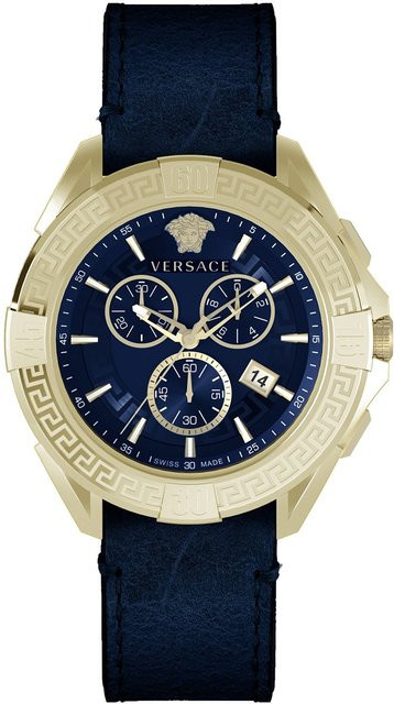 Versace Chronograph, Herrenuhr, Edelstahl, Leder, Blau, 46mm, Quarz - Bild 1