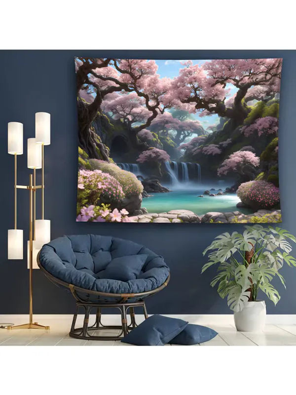 VIKAMA Wandteppich Kirschblüten und Wasserfall, Japanische Landschaft als Wanddekoration, mehrfarbig, B/H: 60 x 40 cm - Bild 5
