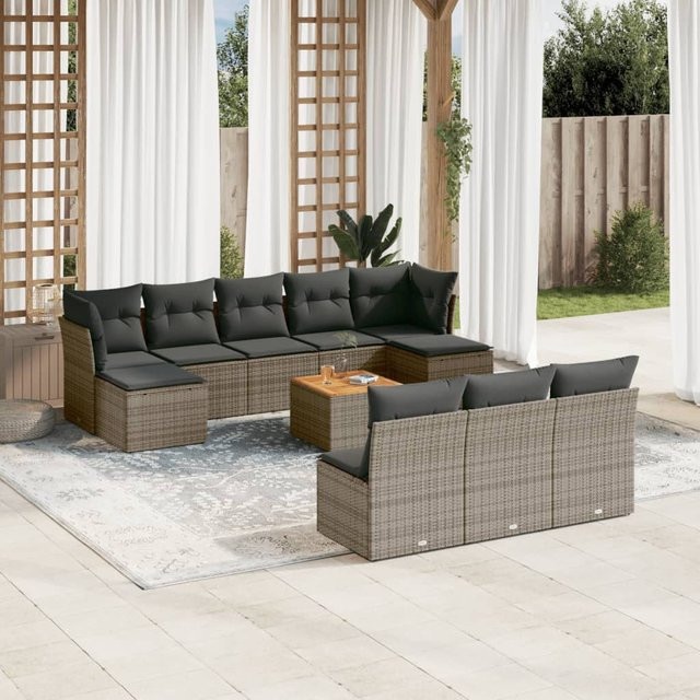 vidaXL 11-tlg. Garten-Sofagarnitur in U-Form aus grauem PE-Rattan mit Kissen und Akazienholz-Elementen - Bild 3