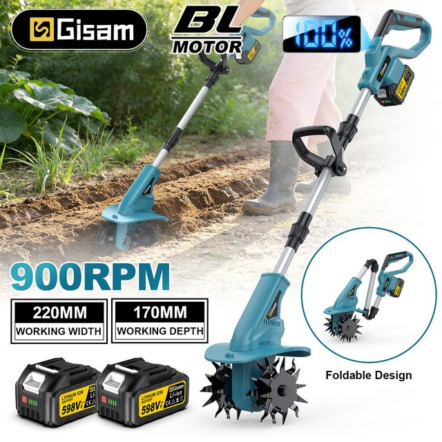 Gisam Bürstenloser Elektrischer Rotationsgrubber Kabelloser Kultivator und Vertikutierer in Blau für Makita LXT 18V Akku, Durchmesser: 22 cm - Bild 1