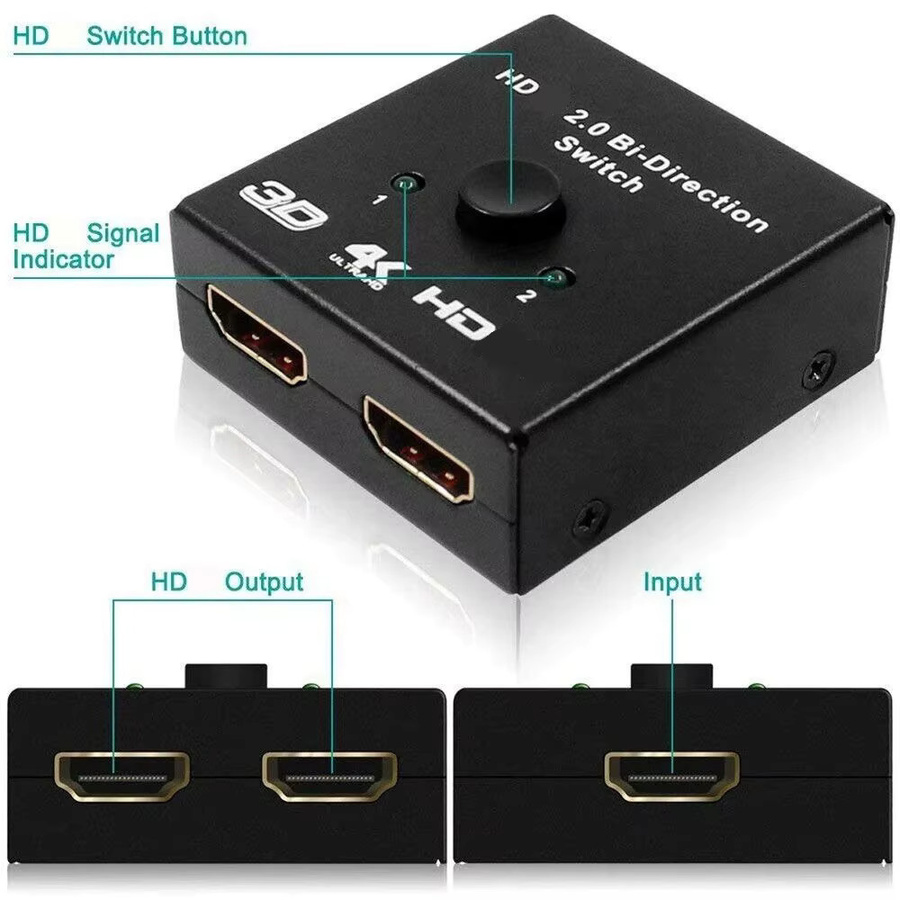 Mrgabwte HDMI Switch 2 Ports Bidirektional 1x2 / 2x1 Adapter in Schwarz unterstützt 4K Ultra HD, 1080P und 3D HDR - Bild 2