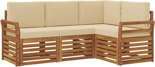vidaXL Sofagarnitur 4-teilig aus Massivholz Akazie in Natur und Beige mit L-Form und Sitzkissen - Bild 1