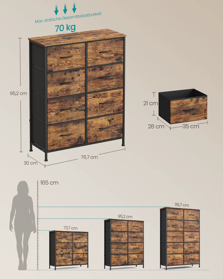 Songmics Kommode mit 8 Stoffschubladen aus Stahl und MDF im Industrial Design, Schwarz/Braun - Bild 3