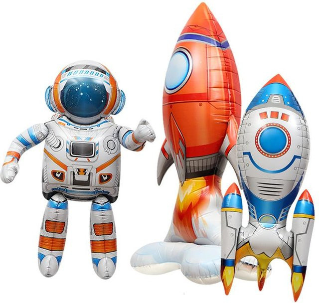 Dekorativer 4D Astronaut und Raketen Ballon Set in Weiß und Multicolour für Kinderpartys - Bild 1