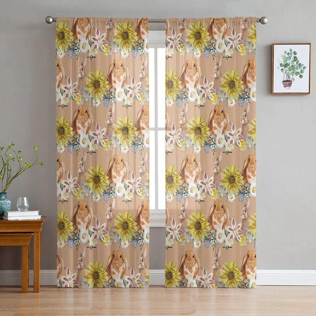 A Family Of Home Textiles Chiffon-Vorhang mit Blatt-Textur in Khaki-Grau, transparent, B: 135 cm, H: 114 cm - Bild 1