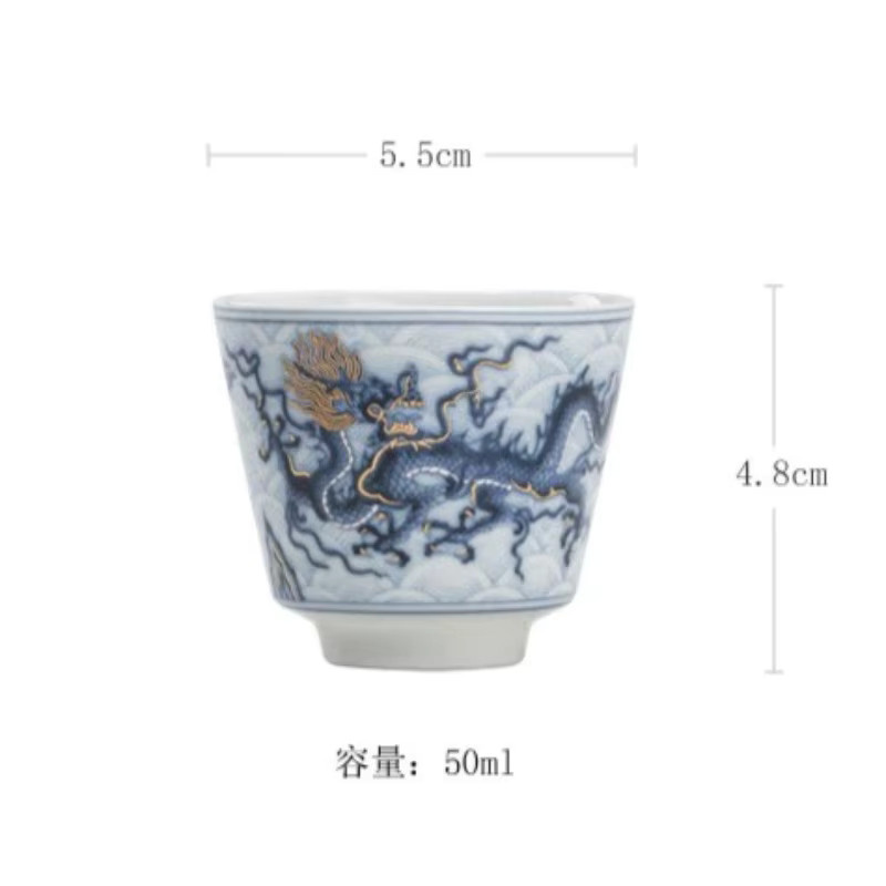 Retro-Teetasse aus Porzellan mit blau-weißem Wolkendrachenmuster und Goldakzenten - Bild 5