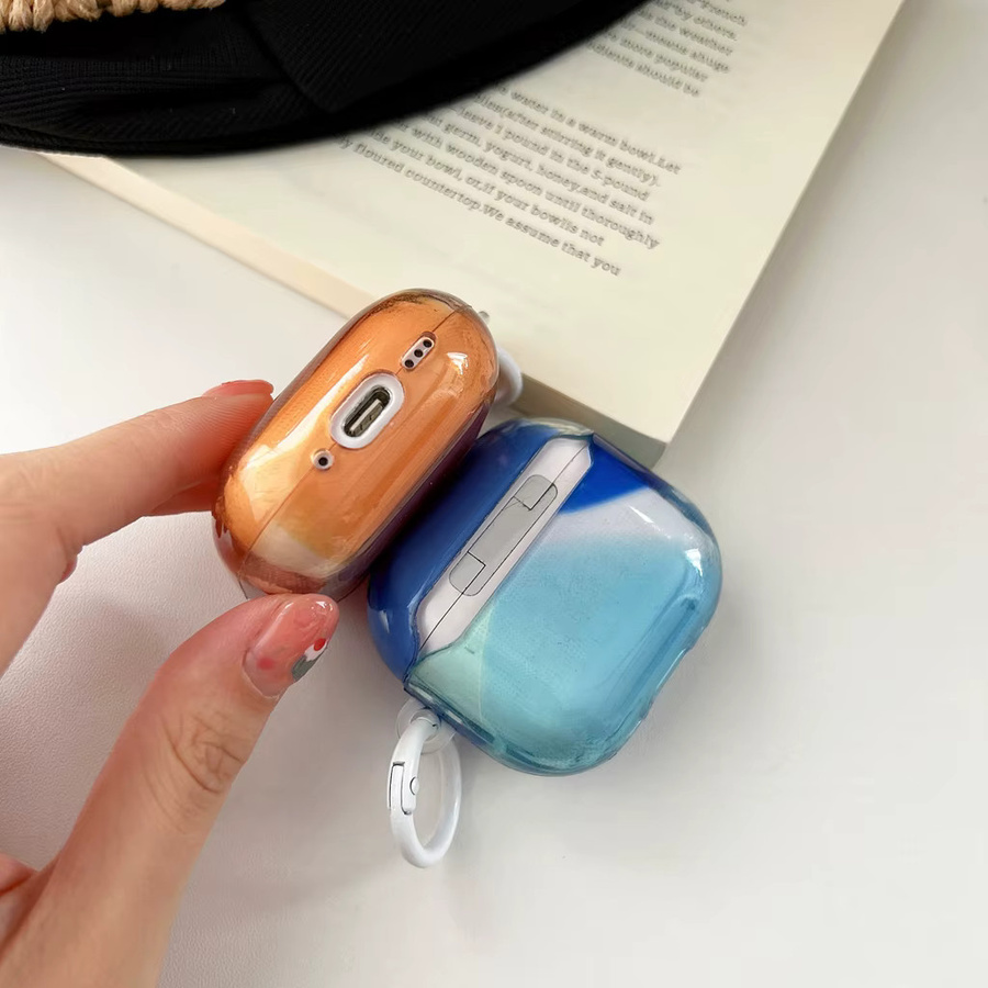 Glänzende Stoßfeste Schutzhülle für Apple AirPods 1 2 3 4 Pro 2 Pro 3 in Orange-Blau Farbblock Farbverlauf mit Haken - Bild 2