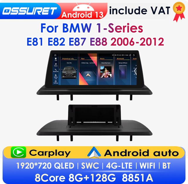 OSSURET Android 13 Autoradio mit 10,25 Zoll Display für BMW 1er-Serie E81 E82 E87 E88 (2006-2012), 2-DIN Multimedia-Player mit GPS, kabellosem CarPlay, Android Auto, 4G, Bluetooth und 360 Grad Kamera, Schwarz - Bild 1