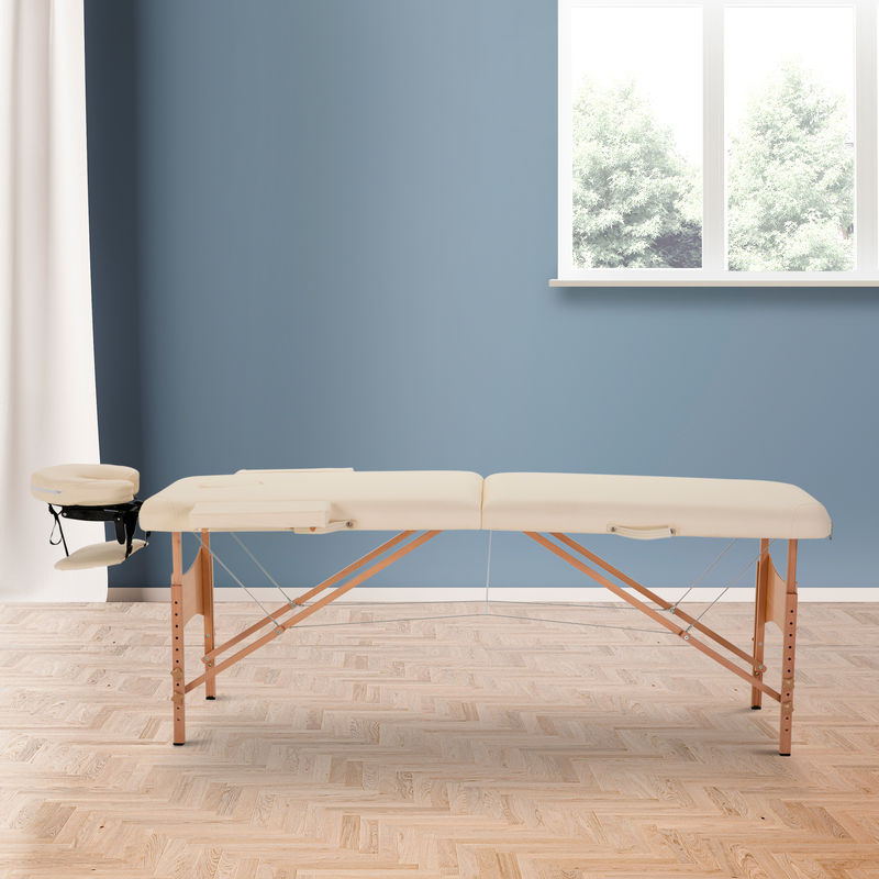 HOMCOM Massagetisch klappbare Massageliege höhenverstellbare Massagebank mit Kopfstütze aus Buchenholz und Kunstleder in Creme/Beige - Bild 2