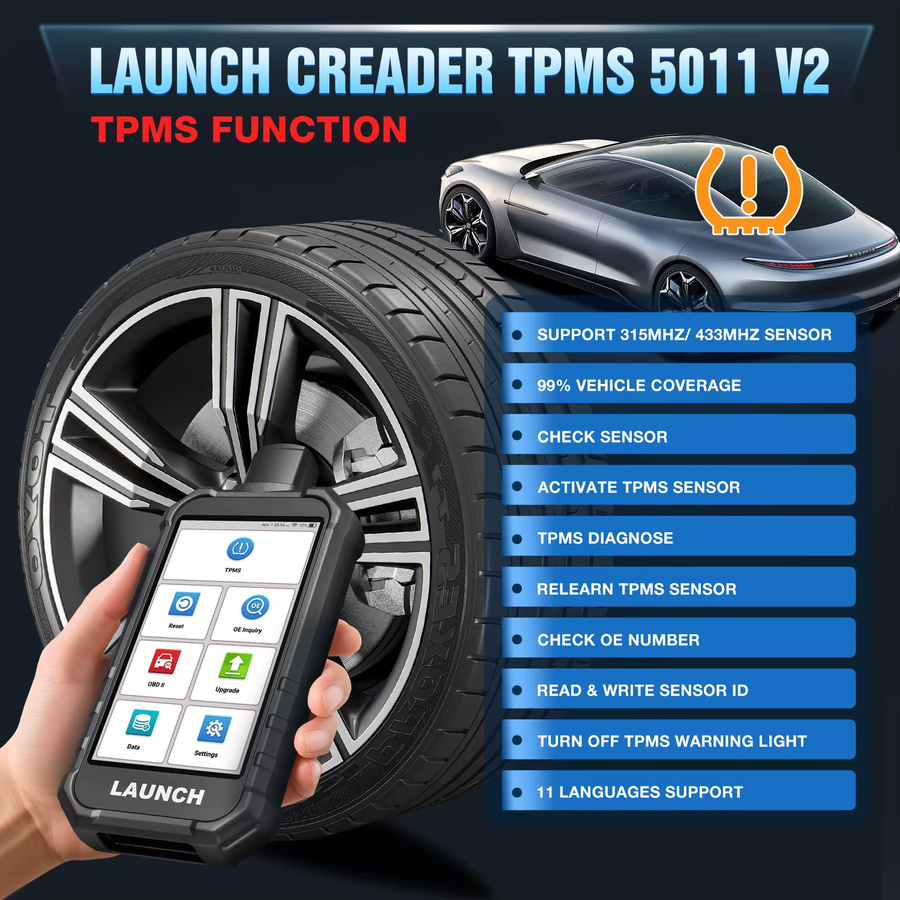 LAUNCH X431 CRT5011E V2 TPMS Reifendruck Diagnose-Tool in Schwarz zur Sensor-Aktivierung, Programmierung und zum Auslesen mit OBD2-Scanner für 315/433 MHz - Bild 2