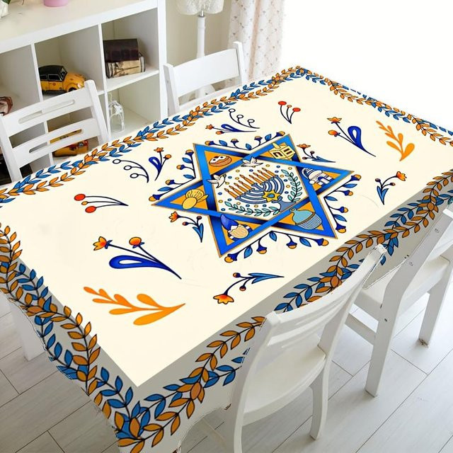Wasserdichte und waschbare rechteckige Tischdecke von JINGYUE Pet mit jüdischem Kulturmotiv in Weiß, B/T: 140 x 140 cm - Bild 1