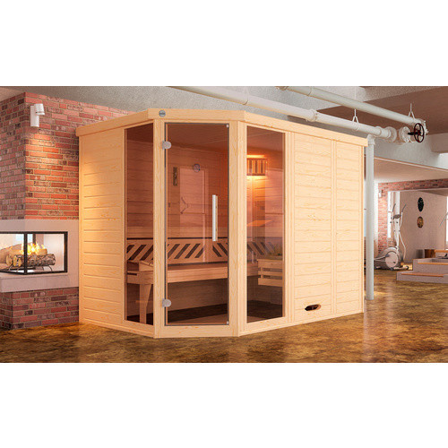 WEKA Massivholzelementsauna Kemi Eck 2 in Braun mit 9 kW Ofen, externer Steuerung, BioS Glastür und 2 Fenstern für 4 Personen - Bild 2