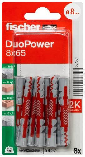 Fischer DuoPower Universaldübel aus Nylon, Durchmesser: 8 mm, Länge: 65 mm, Farben: Grau und Rot - Bild 1