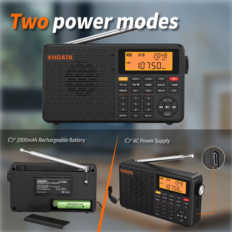 XHDATA D-109WB Digitaler Wecker und Tragbares Radio in Schwarz mit AM FM Stereo SW MW LW, USB-C und Wettervorhersage - Bild 4