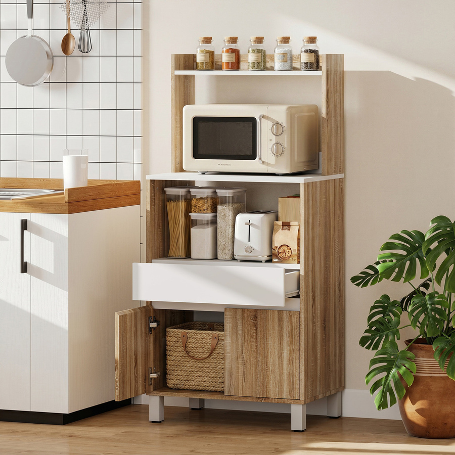 HOMCOM Mikrowellenschrank mit Schublade und Soft-Close-Türen, Küchenschrank mit Arbeitsfläche und offenen Regalen, Eiche und Weiß, B/T/H: 60 x 40 x 131 cm - Bild 2