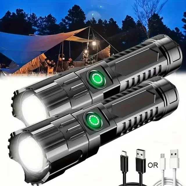 NEWBIRTH Taktische LED-Taschenlampe in Schwarz, wiederaufladbar und wasserdicht mit Zoomfunktion für Outdoor, Camping und Notfälle - Bild 1