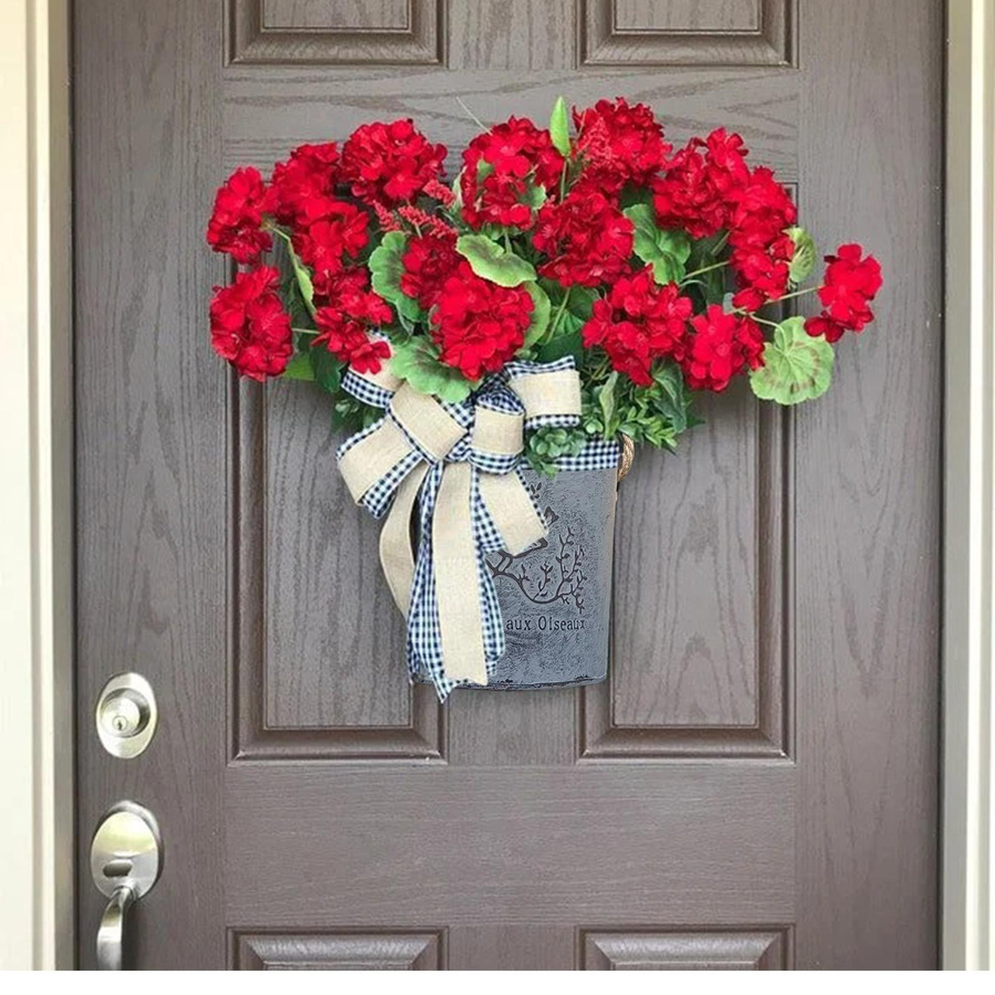 Tooarts Hängender Geranien-Fasskranz in Rot mit schwarz-weißer Gitterschleife und floralem Design - Bild 2