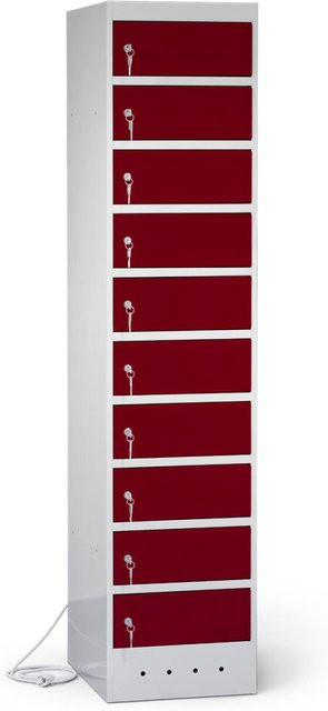 rotstahl Laptopschrank mit 10 Fächern aus Stahlblech in Bordeaux mit lichtgrauem Korpus, B: 40 cm, H: 180 cm - Bild 1