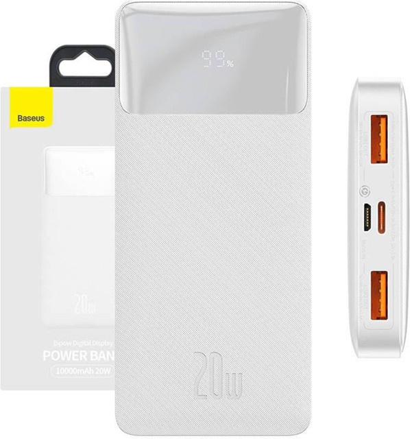 Baseus Bipow Externer Akku mit 10000mAh, 20W, QC + PD, Weiß, Anschlüsse: 1 x USB-C, 2 x USB-A und Micro-USB - Bild 1