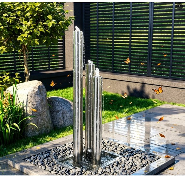 Moderner Edelstahl-Gartenbrunnen in Silber und Weiß, freistehend, B/T/H: 48 x 34 x 123 cm - Bild 1