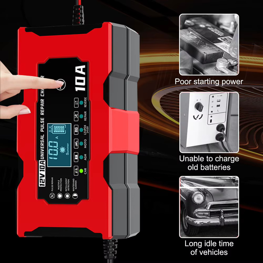 Intelligentes Autobatterieladegerät mit LCD-Display und Pulsreparatur Funktion, 12 V, 10 A, für Eisen-Lithium-Batterien, Farbe: Rot - Bild 4