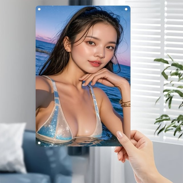 HELLOYOUNG Metallschild Vintage-Strandposter mit blauer Bikini-Dame in Mehrfarben - Bild 1