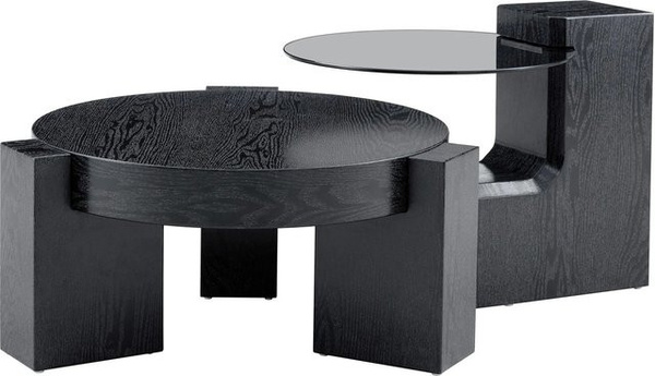 okwish Beistelltisch mit zwei Ebenen und Glasplatte in Schwarz mit Marmoroptik, B/T/H: 78 x 75 x 34 cm