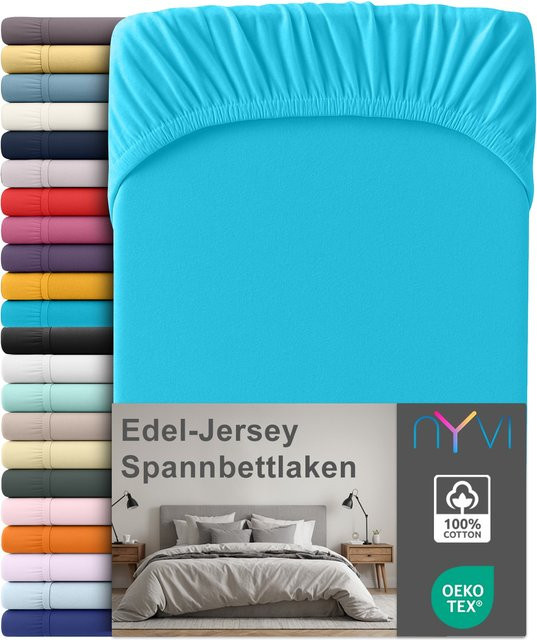 NYVI Edel Jersey Spannbettlaken Deluxe aus 100% supergekämmter Baumwolle, Farbe: Türkis, B/T: 140-160 x 200 cm, Steghöhe: 25 cm - Bild 1