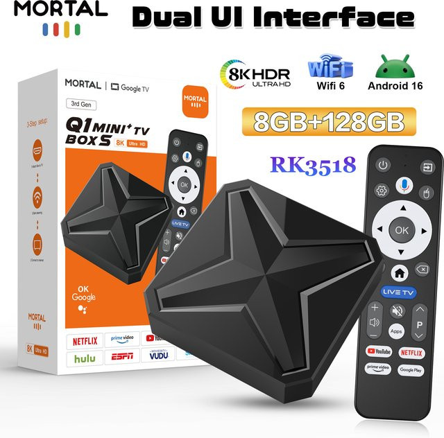 MORTAL Android TV Box Q1mini+ 8K Set-Top-Box mit Android 16, WLAN 6 und Bluetooth 5.4 in Schwarz - Bild 1