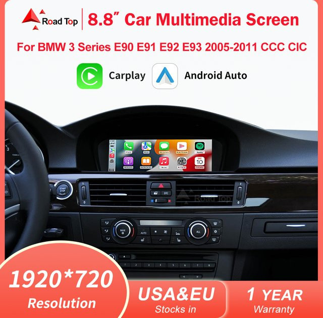 Road Top Drahtloses Multimedia Display mit 8,8 Zoll Touchscreen für BMW 3er E90 E91 E92 E93 und 5er E60 E61, Auflösung 1920*720, Farbe Schwarz, mit Wi-Fi und CarPlay sowie Android Auto Unterstützung - Bild 1