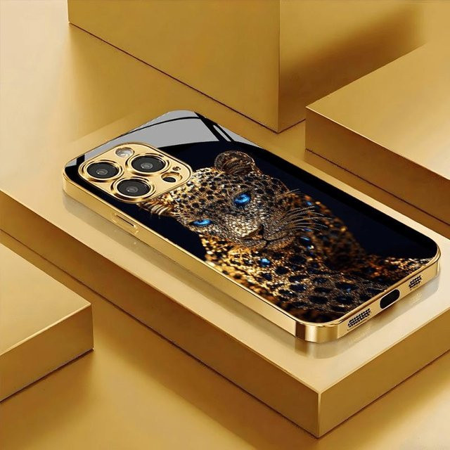 MY-CASE Glas Handyhülle mit Diamant Gold Leopardendruck für iPhone 17 Pro Max, 16, 15, 14 und weitere Modelle - Bild 1