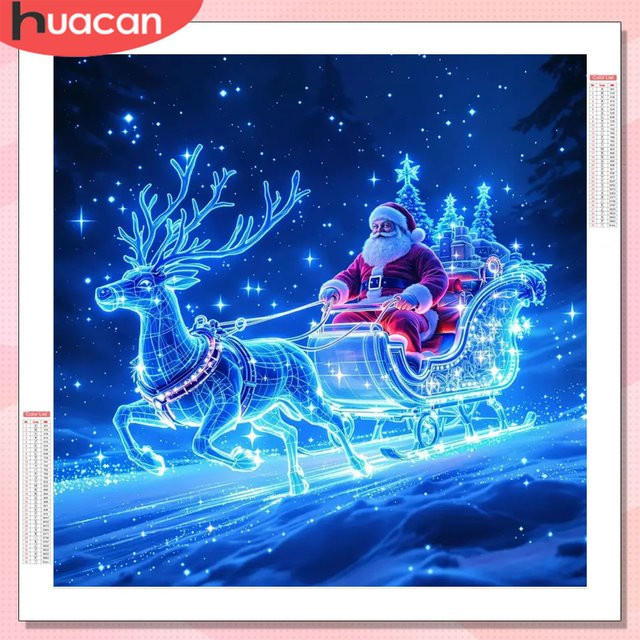 HUACAN Diamantmalerei Weihnachten Mosaik Bild mit Weihnachtsmann und Hirsch in Blau, 20 x 20 cm - Bild 1
